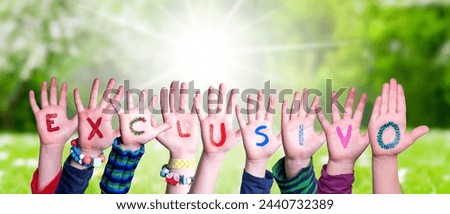 Children Hands Building Colorful Spanish Word Exclusivo means Exclusive. Sunny Green Grass Meadow As Background.