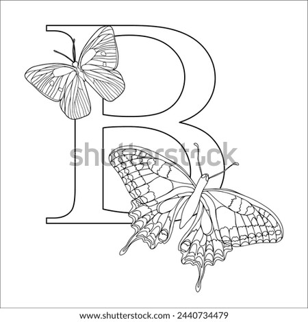 Butterfly alphabet Letter B to coloring book for kids. Vector illustration, isolate on white background
