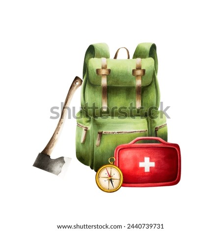 Watercolor hiking and camping backpack, first aid kit, gold vintag compass and axe illlustration. Mountin equipment for recreation tourism and adverture isolated on white background. Clip art for dei