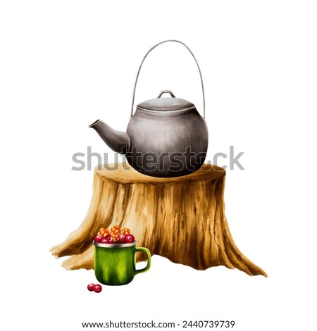 Marker isolated illustration of kettle, in wooden stump, green cup, cranberry and cowberry. Watercolor style. Forest equipment for recreation tourism and adverture on white background. Clip art for au