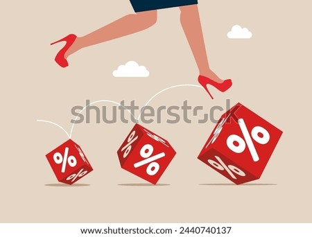 Female jumping from small to the big cube block with percentage symbol icon. Interest, financial and mortgage rates. Vector illustration.