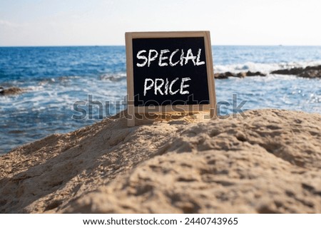 Special Price symbol. Concept word Special Price on black chalk background. Beautiful sea background. Business and Special Price concept. Copy space