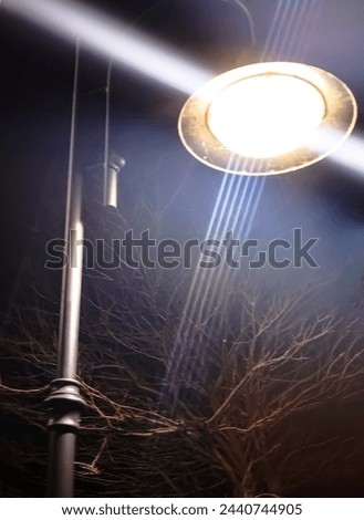 Close-up of an street lamp with split-beam shines into the camera, bottom view. Against the background of tree branches without leaves.