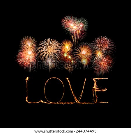 Love sparkler firework light alphabet with fireworks (Valentines Day)