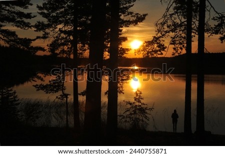 Young woman watching alone the golden sunset and reflections on water on a lakeshore in Eastern Finland Royalty-Free Stock Photo #2440755871
