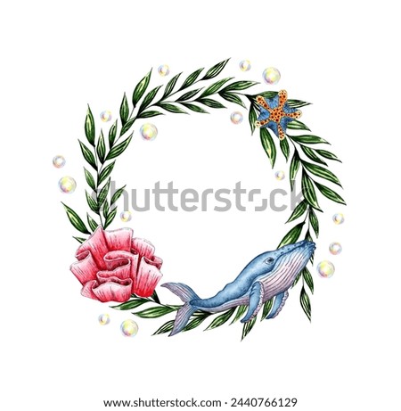 Watercolor illustration round frame of the underwater world with algae, whale, starfish, corals and bubbles. Sea animals isolated on white background. Compositions for posters, cards, banners, flyers