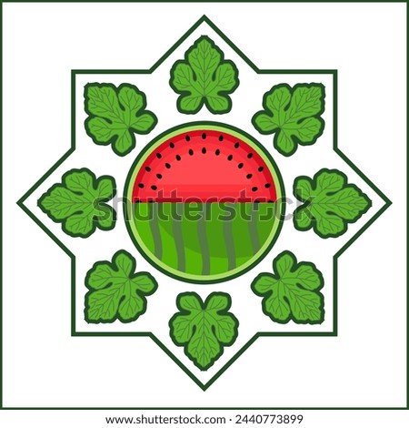 Watermelon Illustration with Red Flesh, Seeds, and Green Leaves in an Isolated Octagram Royalty-Free Stock Photo #2440773899