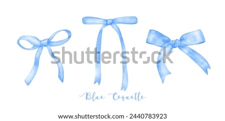 set of Trendy Blue Coquette ribbon bow Watercolor hand painting soft pastel
