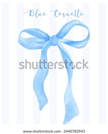 Trendy Blue Coquette ribbon bow Watercolor hand painting soft pastel Royalty-Free Stock Photo #2440783943
