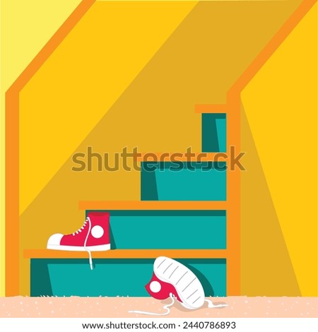 shoes scattered on the stairs with one of the shoes upside down, vector illustration