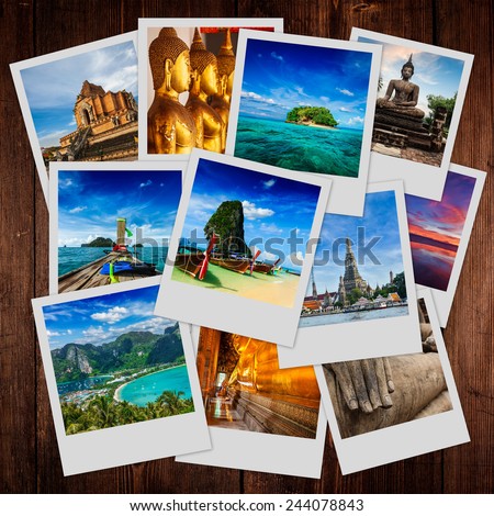Thai travel tourism concept design - collage of Thailand images on wooden background