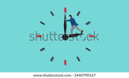 trying to get time back, extension of time to complete the work, businessman tries to turn back the clock to rewind time concept vector illustration
