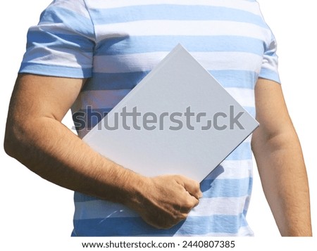man holding a book or album with an empty cover. mockup, the creator of the scene. isolate, cut out. white background