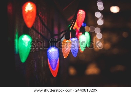 Close up of Christmas lights at night. 