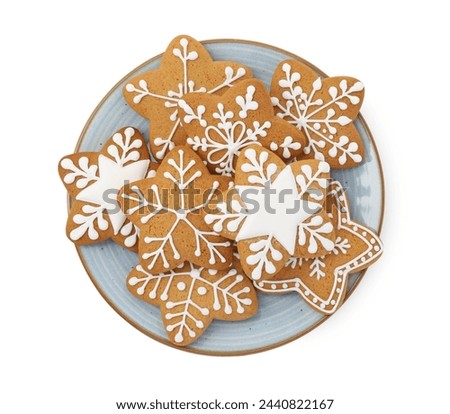 Tasty star shaped Christmas cookies with icing isolated on white, top view
