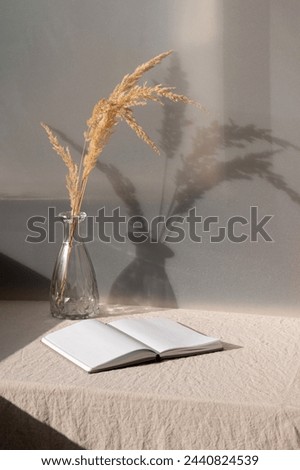 Aesthetic boho summer still life, home interior decoration, open book, vase with dried grass on table with sand beige linen textured tablecloth, harsh natural sunlight shadows.
