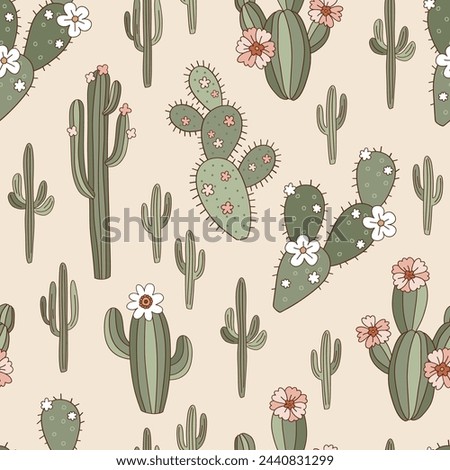 Groovy desert landscape bloomy cactus plant with flowers vector seamless pattern. Hand drawn retro howdy wild west aesthetic background. Royalty-Free Stock Photo #2440831299