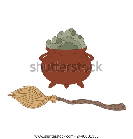 Groovy Halloween witch equipment broom and pot with magic potion vector illustration isolated on white. Hand drawn retro October 31 holiday wild west aesthetic print poster postcard design.