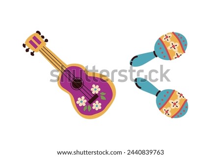 Mexican guitar and maracas set for holidays. Vector illustration can used for cinco de mayo holiday banner, greeting card, mexican cards. 