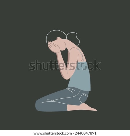 A girl sits on her knees and feels grief and loss. A person experiences a tragedy. Young woman crying in the dark.