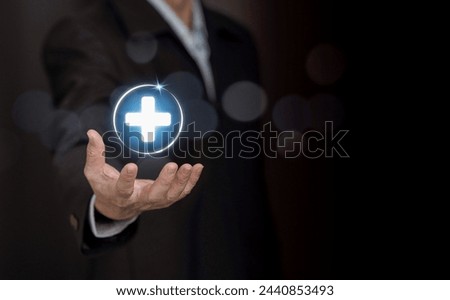 Hand showing the  icon medical connection with modern virtual screen interface, healthcare and hospital concept.