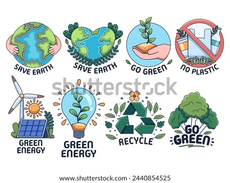 Set of clip art illustrations promoting saving the Earth, ecology, green energy, reducing plastic use, and going green. Perfect for educational materials, presentations, posters, and campaign awarenes