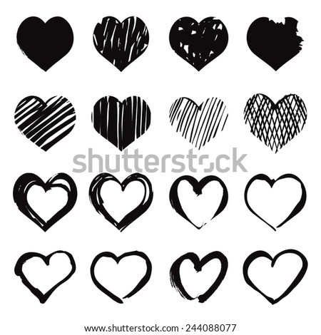 Set of black vector drawing hearts
