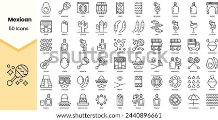 Set of mexican icons. Simple line art style icons pack. Vector illustration