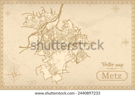 Map of Metz in the old style, brown graphics in retro fantasy style. city in France.