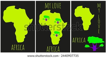 African postcard set with Baobab. Mainland of Africa in trendy retro flat style. African Symbol. Vector illustration can used card poster banner design. EPS 10 Royalty-Free Stock Photo #2440907735