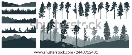 Set of forest element, pine trees, beautiful landscapes. Creation of beautiful woodland. Vector illustration