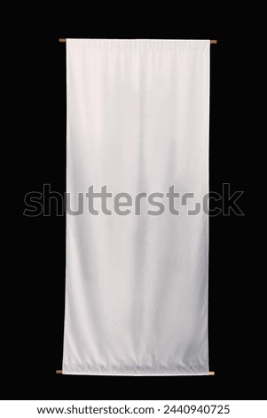 white vertical fabric Japanese style flag with waving texture isoalate black background