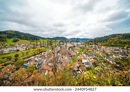 View of the town of Hausach from Husen Castle near Hausach. Landscape with a village in the Black Forest in the Kinzig valley.	 Royalty-Free Stock Photo #2440954827