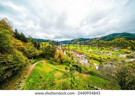 View of the town of Hausach from Husen Castle near Hausach. Landscape with a village in the Black Forest in the Kinzig valley.	 Royalty-Free Stock Photo #2440954843