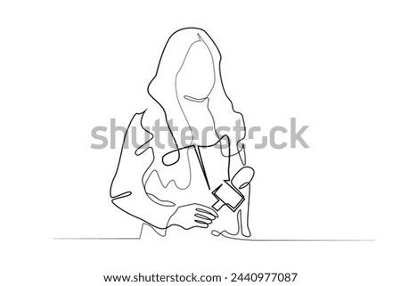 female journalist carrying mic for interview.continuous line vector.isolated white background