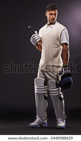Man, portrait and cricket player with bat in studio for professional sports, competition or black background. Male person, face and match gear for workout confidence or practice, gloves or mockup