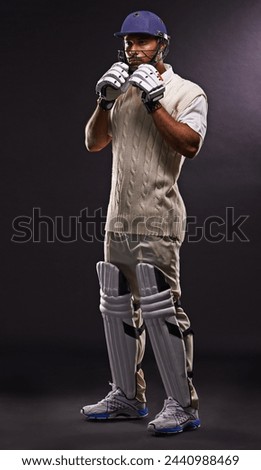 Man, cricket and athlete for sports match with confidence in studio on black background or exercise, fitness or game. Male person, helmet and gear for professional competition, training or mockup