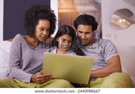 Family, girl and sofa with laptop to watch movie on online website for educational programs or child development. Parents, home and bonding with streaming cartoon in living room, learning and support