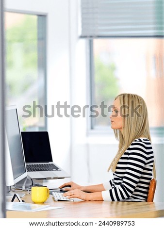 Woman, computer and office for internet, online and website for business, career and job indoor. Journalist or editor with tech for typing, email and digital with coffee for research in company