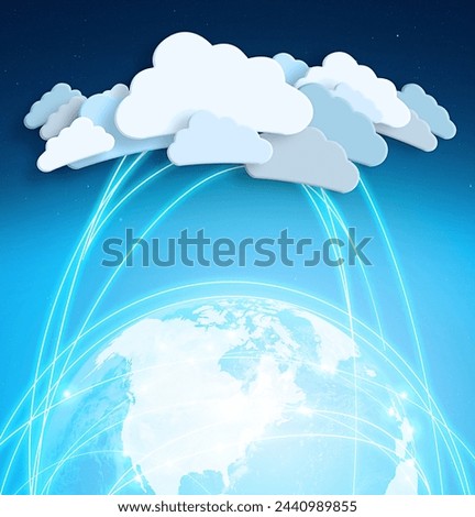 Cloud computing, icon and global with graphic, data and connectivity with digital transformation. Networking, futuristic expansion and information technology with online server for earth with map