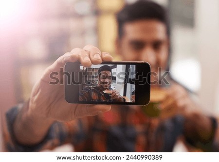 Smartphone, screen and selfie with man and coffee, hand and photography for social media, live stream and memory. Closeup, influencer with content creation and communication, mobile app and picture