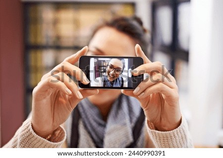 Smartphone, screen and selfie with woman, hands and photography for social media, live stream and memory. Closeup, influencer with content creation and communication, mobile app and smile in picture