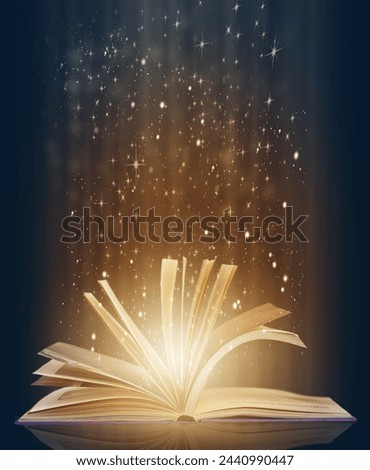 Book, fairytale and pages for read and story with lights, glowing and sparkle on mockup. Creative novel, glitter and stars for magic, fiction and shimmer for shine and surreal for bright and picture