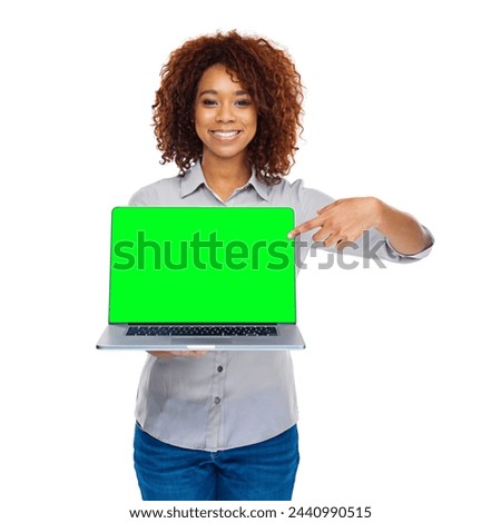 Laptop, green screen or woman face with hand pointing in studio for social media mockup on white background. Computer, space or female student show online, sign up or elearning, registration or app