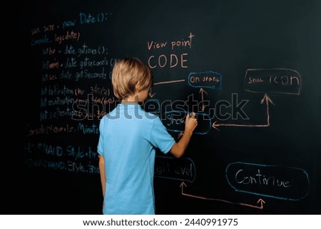 Back view of boy writing a code on blackboard while stand and think with casual shirt and holding chalk. The kid learning about plan for programming code with flowchart and looking prompt. Erudition.