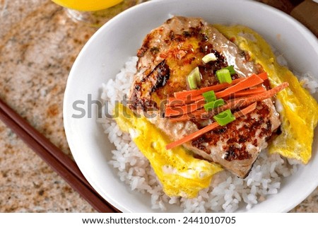 Close-Up 4K Ultra HD Image of Roasted Mahi over Steamed White Rice with Egg - Stock Photography