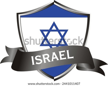 Flag of israel as around the metal silver shield with israel flag