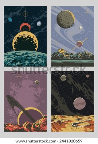 Panoramas of the Planets, Space Posters Template Set. Moon, Asteroid, Craters, Jupiter, Saturn, Extraterrestrial Landscapes, Nebula and Stars 