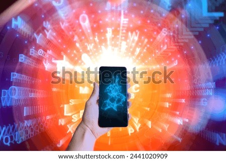Phone with a blue bright hologram in hand. Concept of artificial neural networks, neuromorphic computing, machine learning, AI, big data, large language model and neural network. Royalty-Free Stock Photo #2441020909