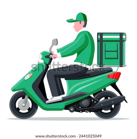 Delivery man riding motorbike scooter with the box. Concept of fast delivery in the city. Male courier with parcel box on his back with goods, food and products. Cartoon flat vector illustration